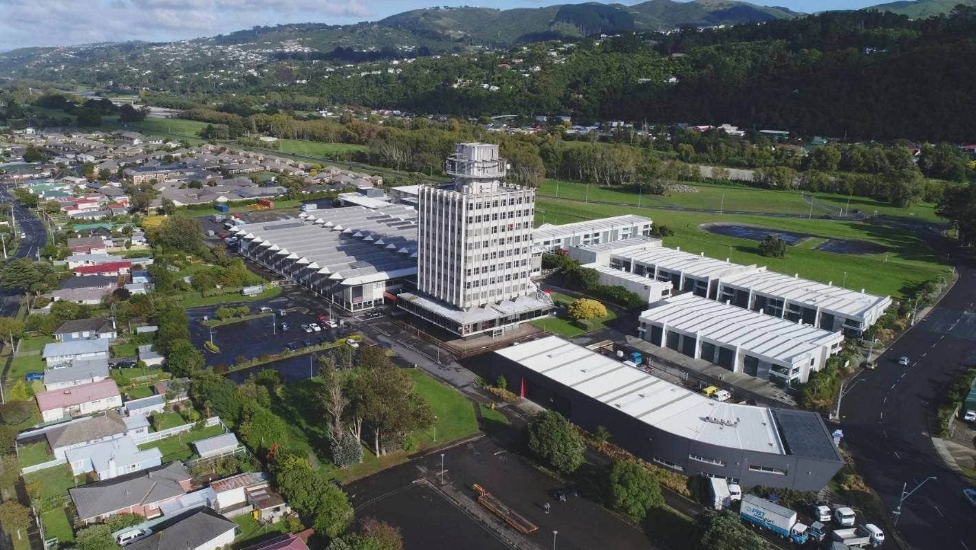 Aerial view of the historic Avalon television studios and tower in Lower Hutt