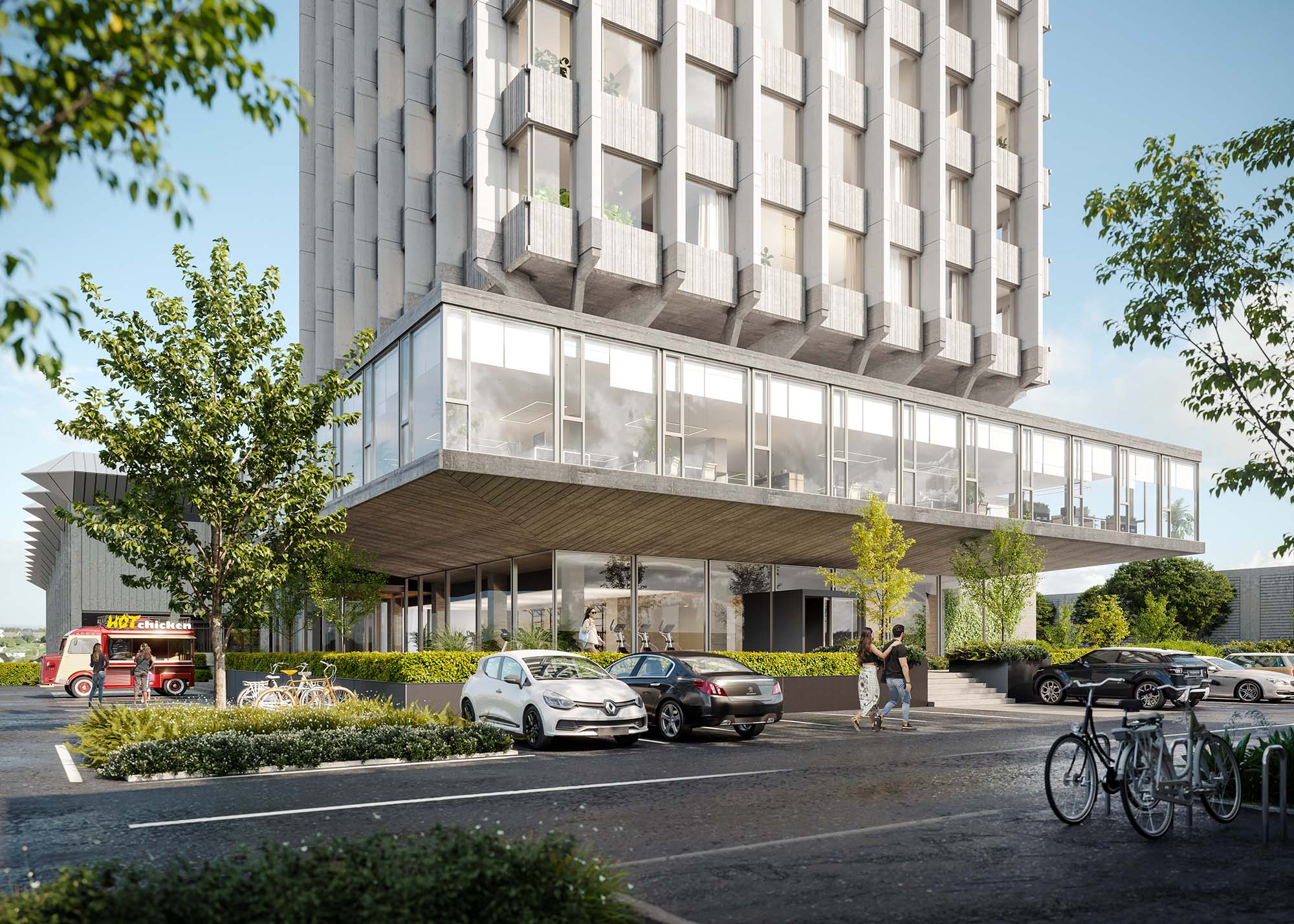 Artist impression of Avalon Apartments and its landscaped arrival at 41 Percy Cameron Street, Lower Hutt
