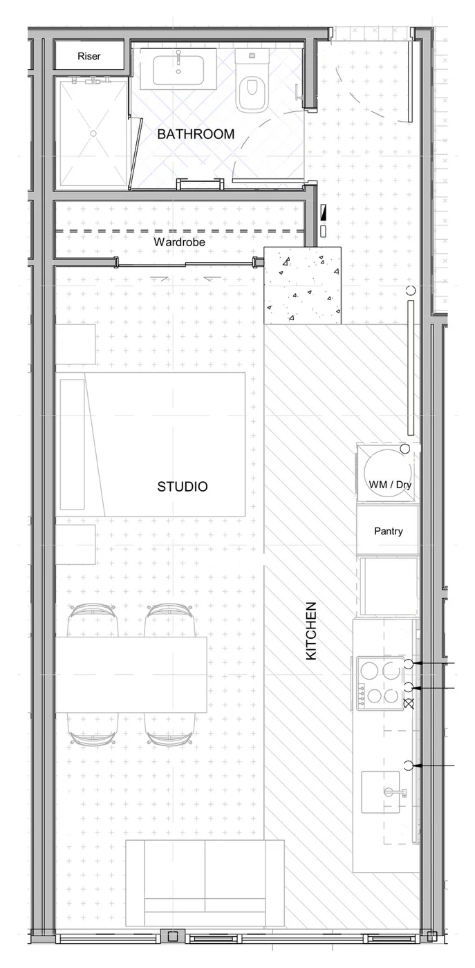 Floor plan of a studio apartment at Avalon Apartments, Lower Hutt